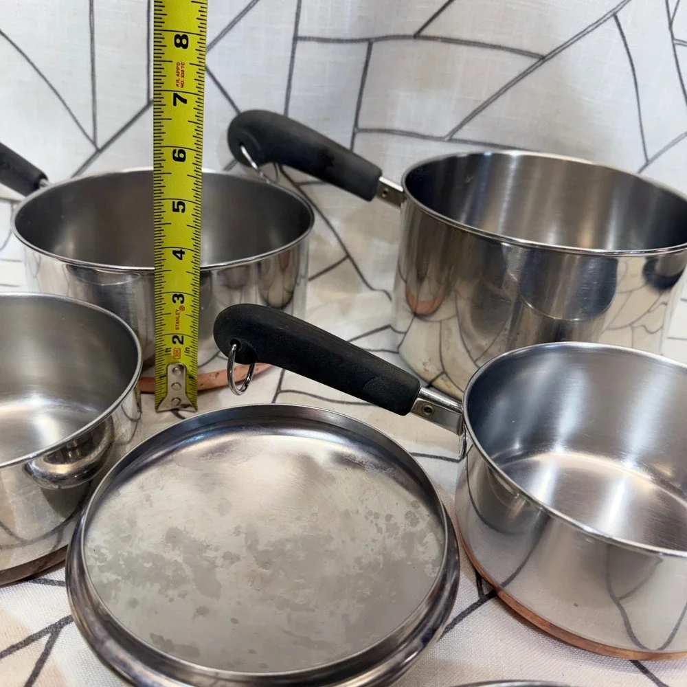Revere Ware Saucepan Set 7 Piece Silver Copper Bottom Stainless Steel USA Made